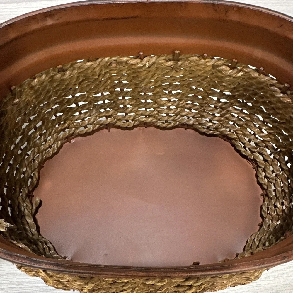 Rustic Brown/Tan Metal Decorative Jars (Set Of 2) Woven Wicker Lids Handles